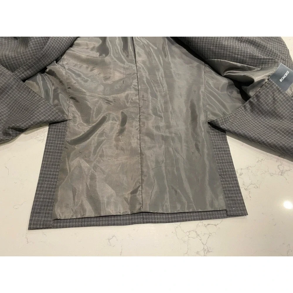 Bonobos Blazer Mens 44L Slim Fit Gray Check 100% Wool Lightweight Sport Coat